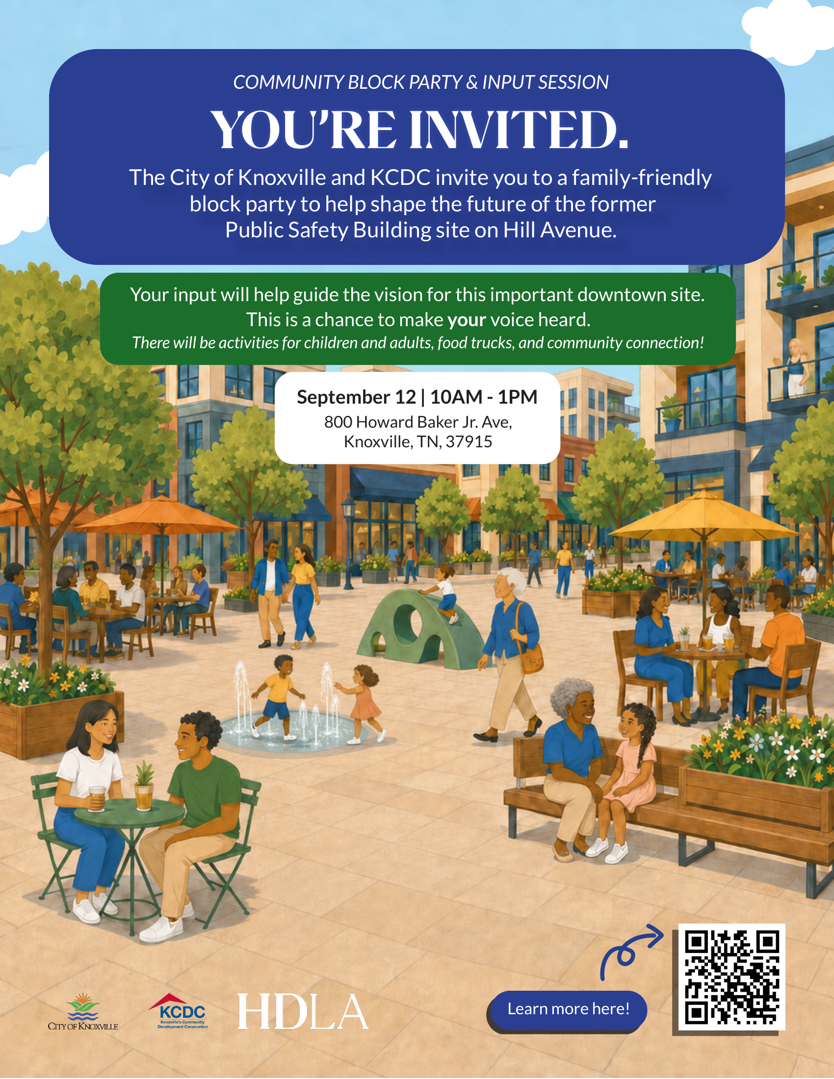 Community Block Party and Info Session flyer with event details and a QR code