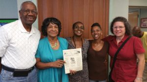 Members of the Eastport/Lee Williams Neighborhood Watch show off the inaugural community newsletter made possible by a grant from the City of Knoxville Office of Neighborhoods at the organization’s monthly meeting in September. Pictured from left to right are newsletter contributors John McKinney, Sylvia Cook, Carrie Gayle and Beaetta Prater with Office of Neighborhoods Assistant Coordinator Debbie Sharp. 